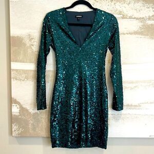 Green Sequined Long Sleeve Dress by Express Size small
